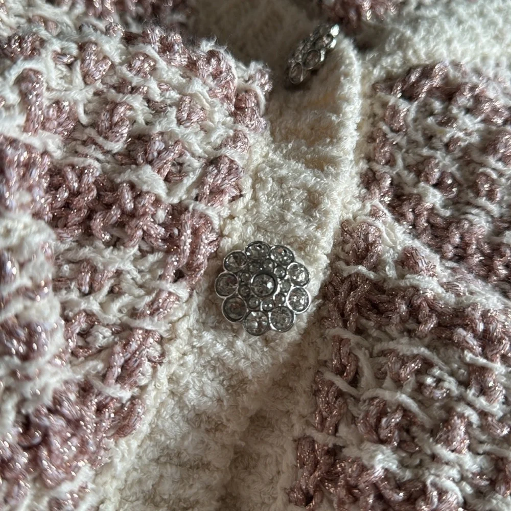 ZARA tweed sparkle rose gold crystal jewel button loose knit cardigan. Medium.